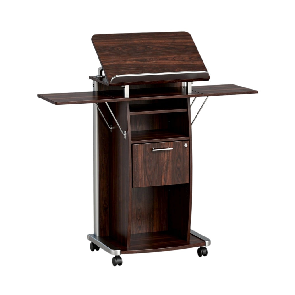 **Titre technique : Bureau mobile en bois avec plateau inclinable et rangements intégrés**